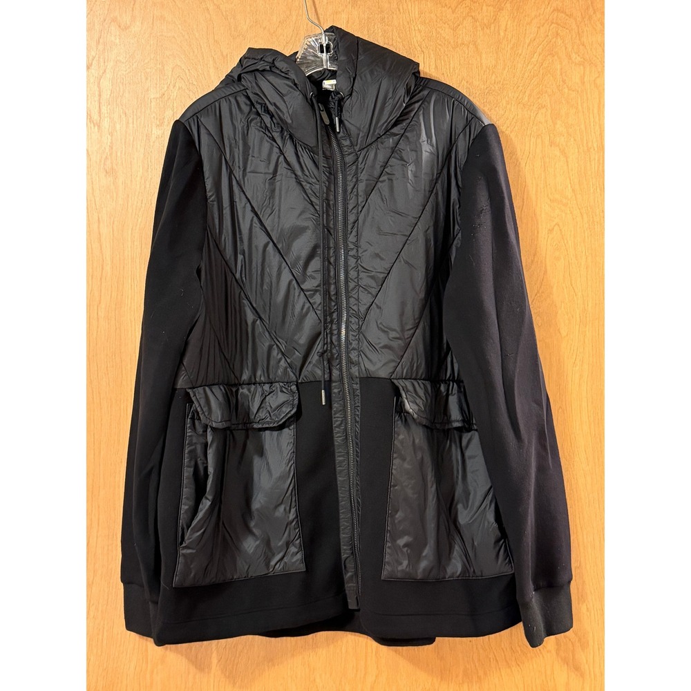 Zella Hybrid Quilted Jacket Womens 2X Black Hooded Full Zip Knit Sleeve Puffer